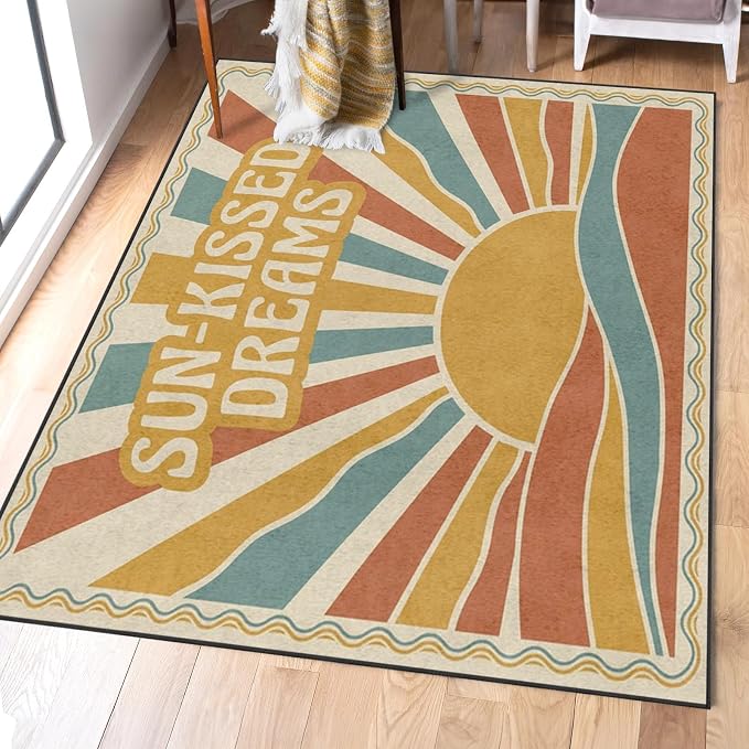 Area Rugs 3'x5' Washable Rug, Retro Sunburst Boho Stain Resistant Non Slip Backing Sunset Vintage Carpet for Living Room Bedroom Dining Room
