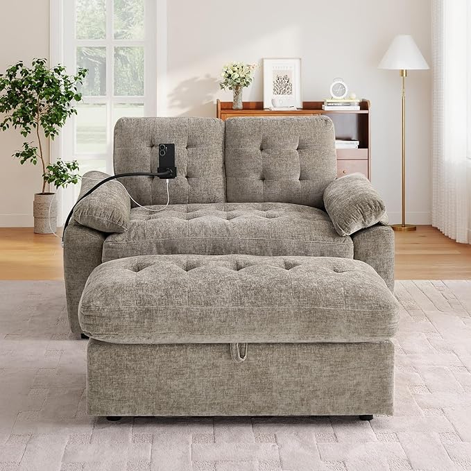 Oversized Chaise Lounge Chair Indoor with Ottoman&Adjustable Backrest,Chenille Tufted Recliner Comfy Loveseat Sofa Chair with USB&Phone Holder,Convertible Sleeper Couch Bed for Living Room(56"W,Brown)