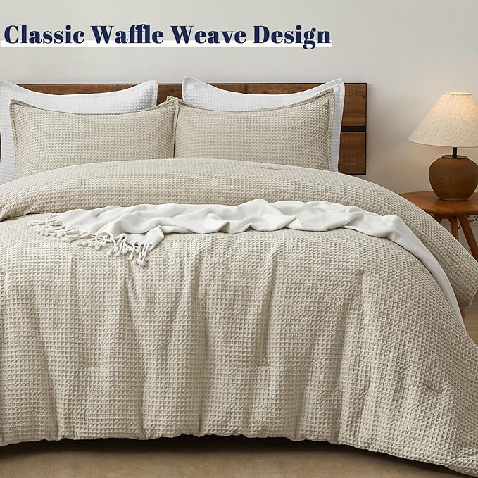 PHF Ultra Soft Waffle Weave Comforter Set Twin Size, 2 Pieces Lightweight Breathable Comfy Bedding Set, Comfy Textured 1 Comforter with 1 Pillow Shams, Linen