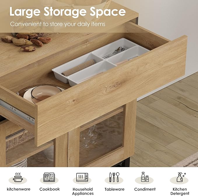 WAMPAT 3 in 1 Modern Sideboard with Adjustable Shelves and Drawer,Storage Cabinet with Glass Doors, Coffee Bar Cabinet for Living Room, Kitchen, Oak