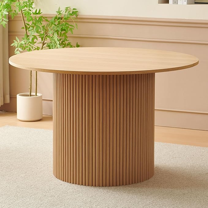 5 Piece Modern Round Dining Table and 4 Brown Barrel Kitchen Chairs Set, 47" Kitchen Coffee Table Wooden with Oak Veneer Tabletop, Faux Fur Sherpa Round Dining Chairs Table Set, Metal Frame