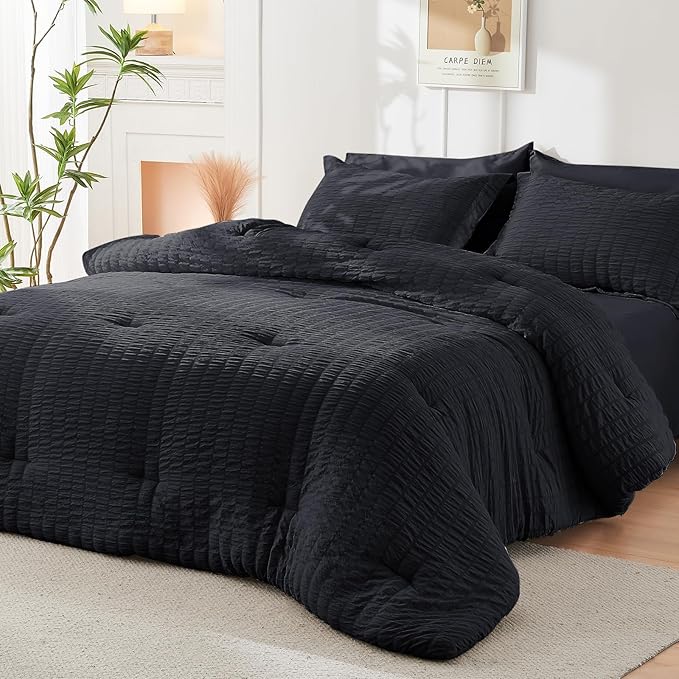 HYMOKEGE Black California King Comforter Set Seersucker 7 Pieces, All Season Luxury Bed in a Bag for Bedroom, Bedding Set with Comforters, Sheets, Pillowcases & Shams