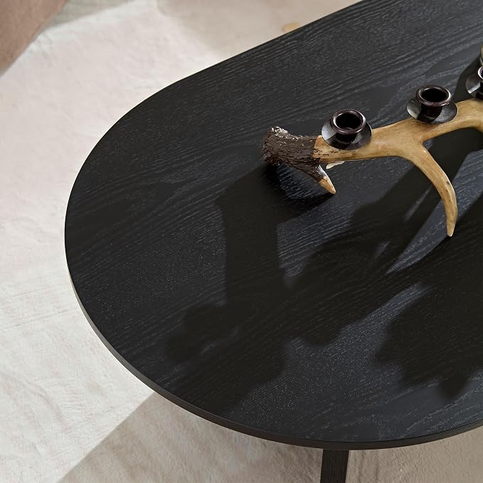 SSLine Mid-Century 39.37" Oval Coffee Table with Pedestal Base Black Wood Grain Top Cocktail Center Table for Living Room Bedroom