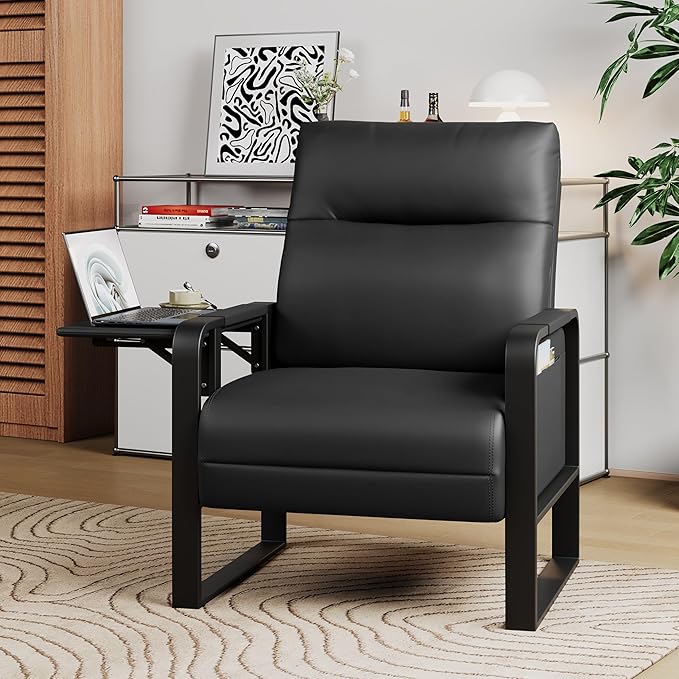 Alunaune Upholstered Living Room Chair Armchair, Mid Century Faux Leather Metal Accent Chair, Reception Couch Slipper Club Lounge Chair Guest Comfy Single Sofa with Sidetable for Bedroom-Black