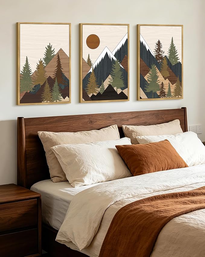 KUVIOKE Morden Mountains Framed Wall Art Boho Pine Tree Forest Nature Landscape Artwork Bohemain Farmhouse Rustic Bedroom Living Room Decor 16x24in (Natural Framed)