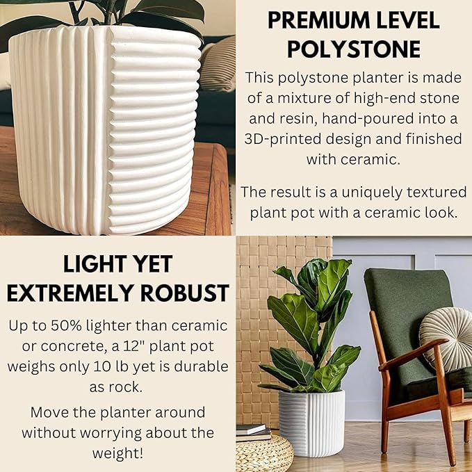 Fox & Fern Large Indoor Planter, Modern Large Plant Pot for Indoor or Outdoor, UV and Frost Resistant - 12 inch, Polystone, Matte White Flower Pot with Drainage Plug, 3D Printed Design