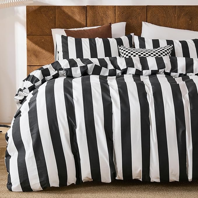 Merryword Black and White Striped Duvet Cover Set Queen Size - 100% Cotton Duvet Cover Set with Zipper Closure & 8 Corner Ties, 3-Piece Luxury Linen Like Bedding Set for All Seasons
