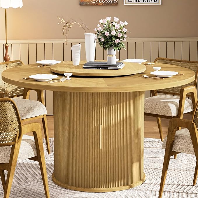 KEIKI 55" Round Dining Table for 4-6, Mid Century Modern Kitchen Table with Storage & Rotating Tabletop Tray, Wood Corner Dinner Desk for Living Room Breakfast Nook Restaurant, Easy Assembly, Natural