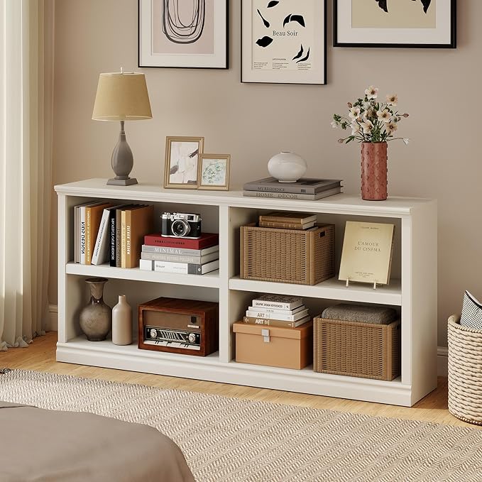 Bevfint Double Wide Open Shelf Bookcase - 2 Tiers 4 Storage Cube Adjustable Space Book Case, Display Cabinet Organizer with Bookshelf, 64.8 inch Width Indoor Furniture for Home Library Office, White