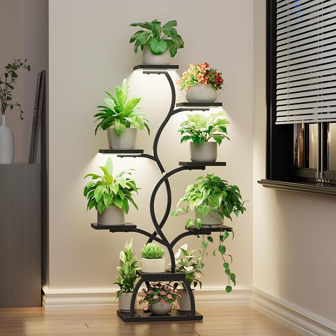 Plant Stand Indoor with Grow Light - 8 Tiered Plant Shelf Indoor, Corner Plant Stand, 49" Tall Plant Shelf with Lights for Indoor Growing, Lighted Flower Holder for Living Room, Balcony (Blackboard)