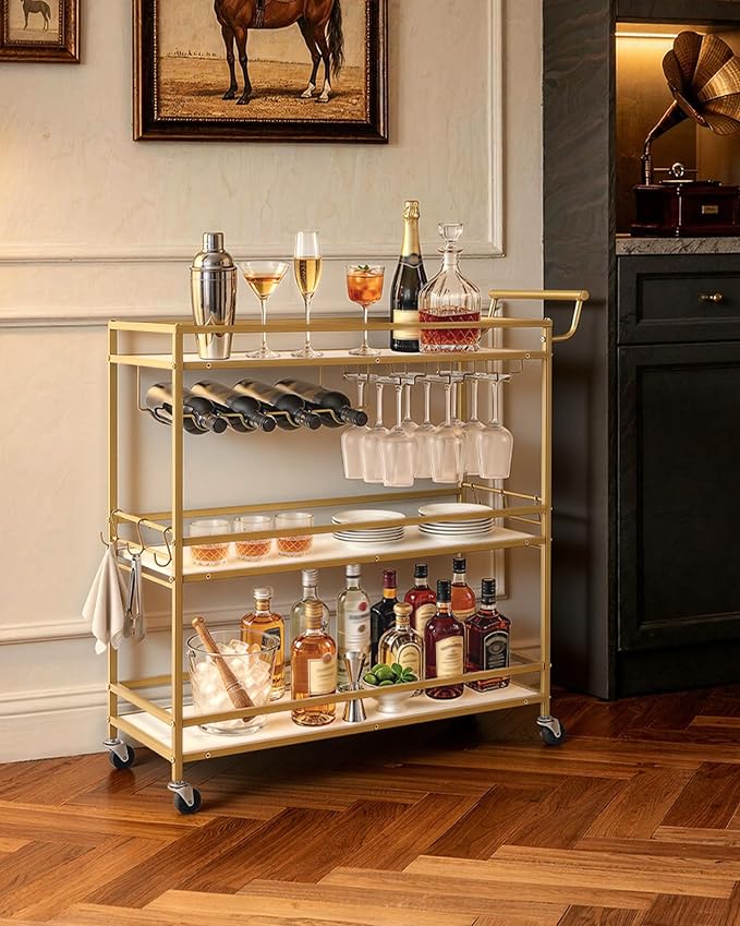 VEVOR Bar Cart, 3 Tiers Home Kitchen Serving Carts, Modern Rolling Utility Station on Wheels, Mobile Drink Beverage Trolley with Wooden Shelf, Wine Rack, and Glass Holder, 35.83x12.99x36.81 in, Gold