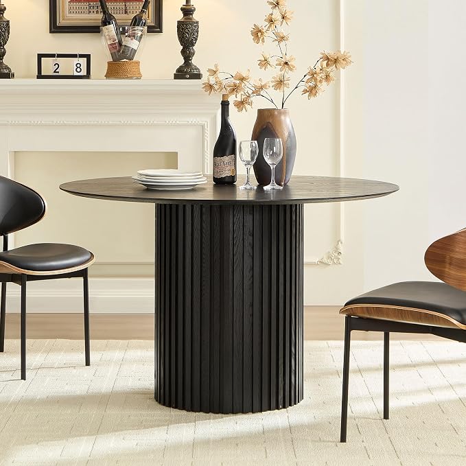 JUSTONE 46 inch Round Dining Table Black, Mid Century Modern MDF Top Pedestal Base Kitchen Table Seats 4 for Dining Kitchen Living Room