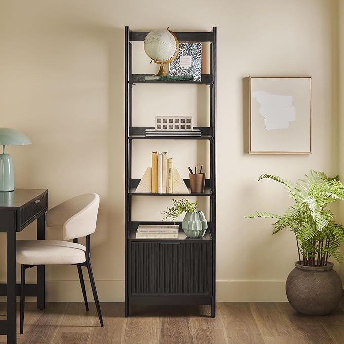 Walker Edison Transitional Reeded Narrow Open Bookshelf with Drawer on Bottom for Home Office, Living Room, Bedroom, 4-Shelf Bookcase with Bottom Storage, 22”W x 16.75”D x 70”H, Black