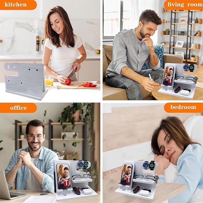 VEIYAILU Gifts for Women Girlfriend Men Him Husband Boyfriend Son Boss Wood Phone Docking Station Nightstand Organizer Anniversary Birthday Gifts (White)