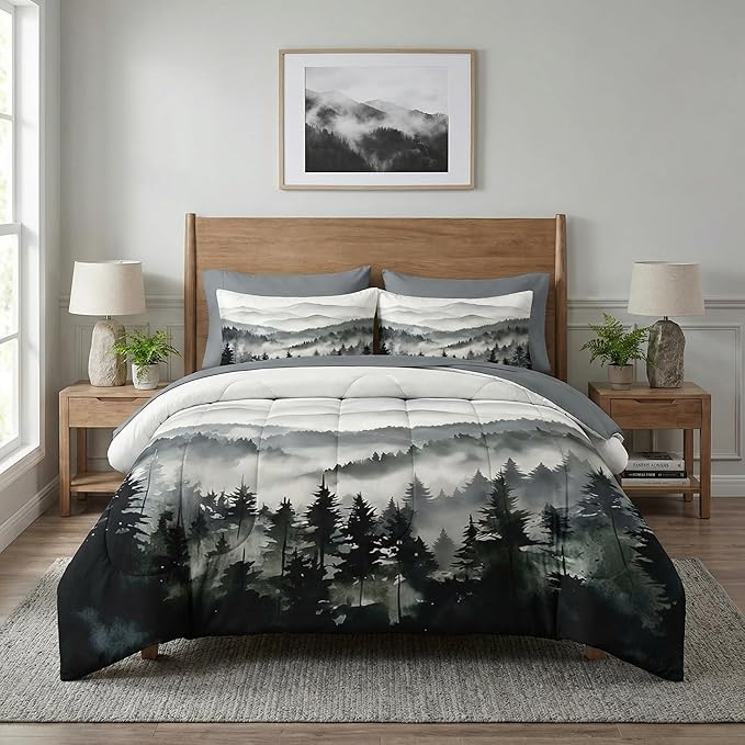 Nesker Comforter Set Full Size, Ink Forest 7 Pcs Bedding for Kids and Adults, Misty Mountains Bed Sheet Sets with Fitted Sheet 2 Pillowcases & 2 Shams