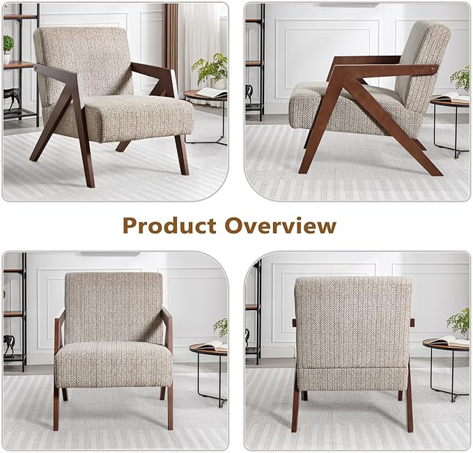 Bonzy Home Mid-Century Modern Accent Chair with Solid Wood Frame, Upholstered Armchair for Bedroom & Living Room,Reading Side Chair with Soft Lien Fabric Cushion,Easy Assembly