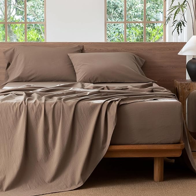 MooMee Bedding Sheet Set 100% Washed Cotton Linen Like Textured Breathable Durable Soft Comfy (Solid Brown, Twin)