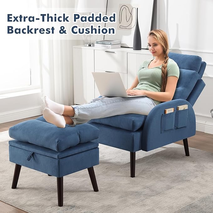 HCHAIRH Accent Chair with Ottoman, Velvet Comfy Reading Chair and Ottoman Set, Modern Oversized Velvet Lounge Sleeper Armchair with Adjustable Backrest for Living Room Bedroom, Blue