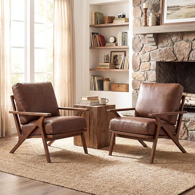 chairus Mid-Century Modern Brown Faux Leather Accent Chairs Set of 2, Comfy Upholstered Lounge Armchairs with Removable Cushions & Solid Wood Frame, Retro Reading Chairs for Living Room Bedroom Office