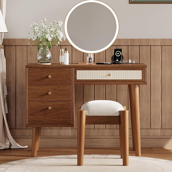 Walnut Vanity Desk No Mirror 39" Vintage Vanity Table with 4 Drawers & Power Outlet Mid-Century Modern Vanity Set for Girls with Stool & Rattan Decor