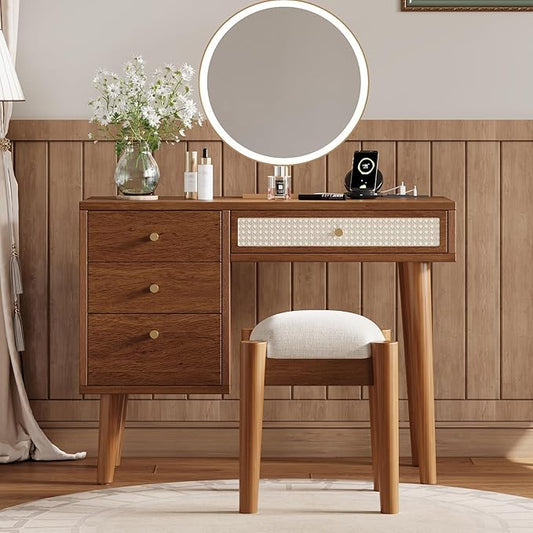 Walnut Vanity Desk No Mirror 39" Vintage Vanity Table with 4 Drawers & Power Outlet Mid-Century Modern Vanity Set for Girls with Stool & Rattan Decor