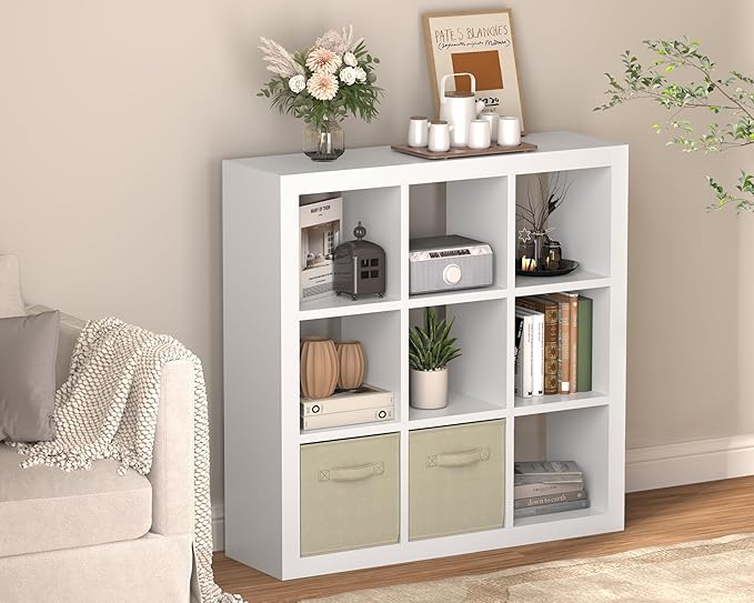Bookshelf 9-Cube Storage Organizer Sturdy Wooden Bookcase Open Book Shelf, Multifunctional Cubicle Rack for Storages & Display, Furniture for Living Room Bedroom Office, White