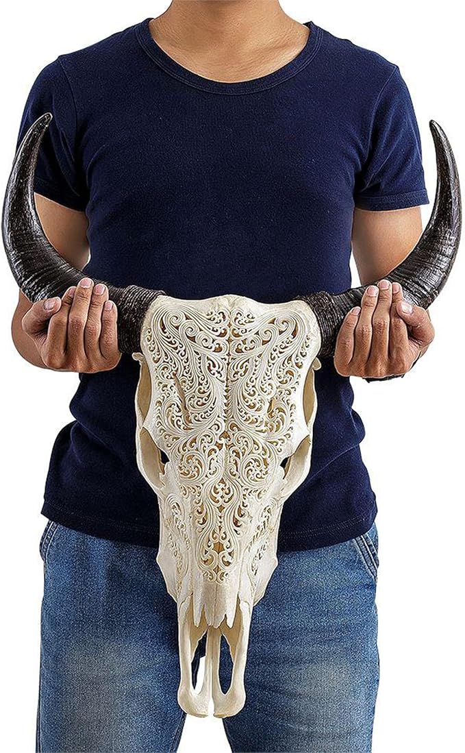 Skull Bliss - Hand-Carved Real Authentic Taxidermy Cow Skull/Bull Skull Wall Decor with Horns/Real Animal Cow Skull Wall Decor (Standard Horns)