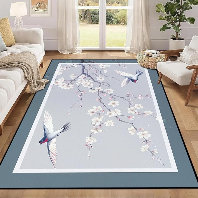 Cherry Blossom Area Rug 3D Swallow Sakura Floral Rugs for Entryway Bedroom Living Room Kitchen Home Decor Soft Non Slip Indoor Carpet Washable Low Pile Floor Mat,4'x6'