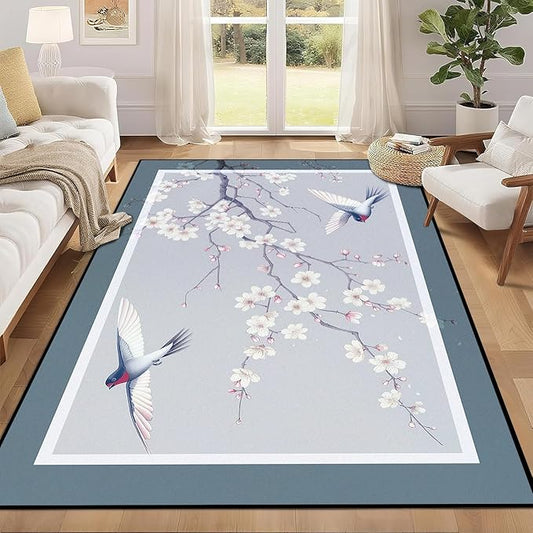 Cherry Blossom Area Rug 3D Swallow Sakura Floral Rugs for Entryway Bedroom Living Room Kitchen Home Decor Soft Non Slip Indoor Carpet Washable Low Pile Floor Mat,4'x6'