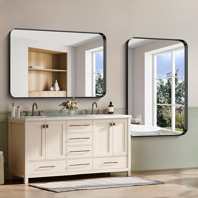 CIRCUMI Black Bathroom Mirror, 36"x55" Rectangular Mirror with Deep Metal Frame, Rounded Corner, Tempered Glass, Large Mirror for Wall, Over 2 Sinks, Installed Vertically/Horizontally, Crystal-Clear