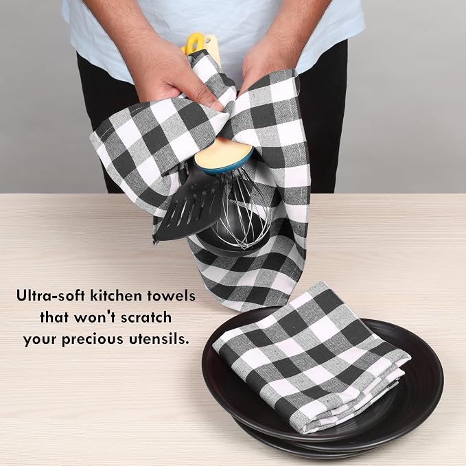 Gingham Checked Dish Towels 12 Pack, 18x26 Inches, Quick Dry Towels for Kitchen, Reusable, Absorbent Wash Cloths Set, Washable Fabric, Heavy Duty for Daily Use - Black and White