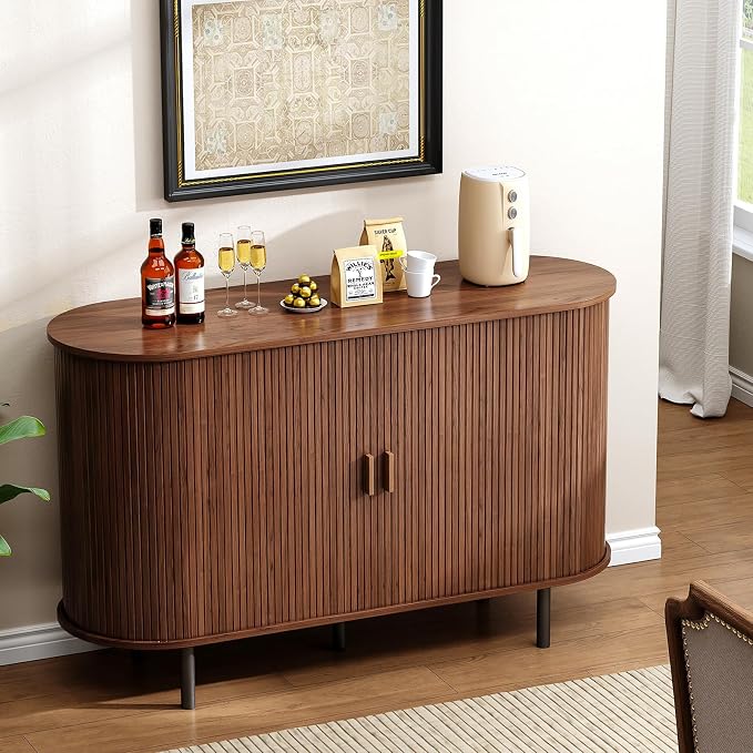 Buffet Cabinet with Storage, Fluted Sideboard Buffet with Sliding Door, Coffee Bar Cabinet with Adjustable Shelf, Console Table, Accent Table for Entryway, Kitchen (Walnut, 48 Inch)