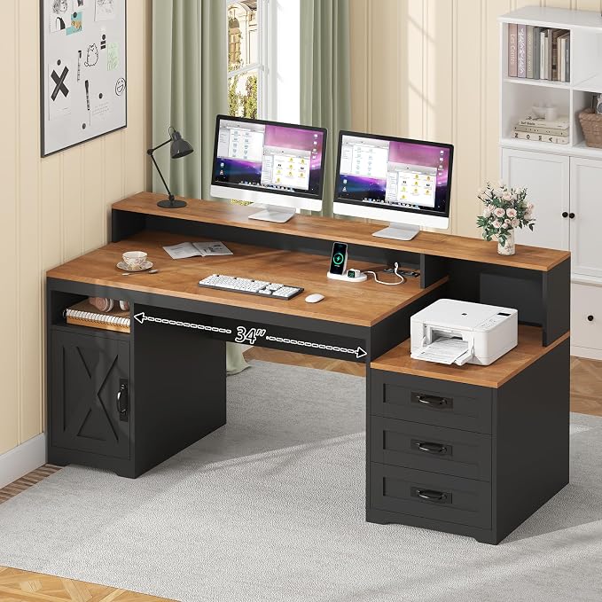 TVU Farmhouse Computer Desk with Drawers, 65'' Home Office Desk with Power Outlets, Storage Cabinet and Printer Stand, Study Writing Desks with Long Monitor Stand, Brown and Black