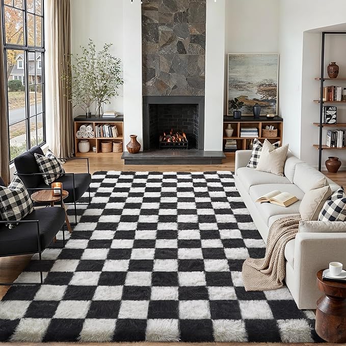 Checkered Rug 8x10 for Living Room, Black and White Modern Shag Rug Washable Non-Slip Large Area Rug Super Soft Indoor Fuzzy Carpet Fluffy Rugs for Bedroom Home Aesthetic Decor