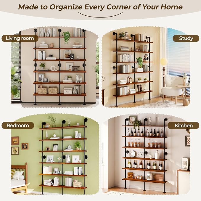 6 Tier Industrial Ladder Shelf Bookcase, Wall Mounted Rustic Bookshelf for Living Room Decor and Storage (Walnut Color, 6 Tier - 10" D x 60" W x 82.5" H)