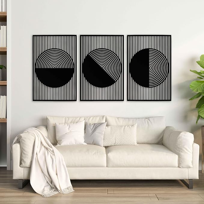 Abstract Boho Wood Wall Art Set of 3, Geometric Wooden Circle Panels, Mid Century Modern Designer Decor, Large Statement Housewaming Gift for Living Room and Bedroom