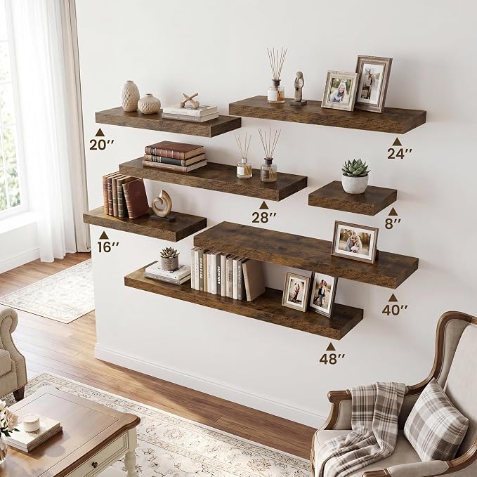 RICHFOCUS 8 Inch Floating Shelves for Wall Small Square Shelves Set for Bedroom|Kitchen|Bathroom|Wall Mounted Rustic Wood Floating Shelf with Invisible Brackets for Books|Storage|Decor, Rustic Brown