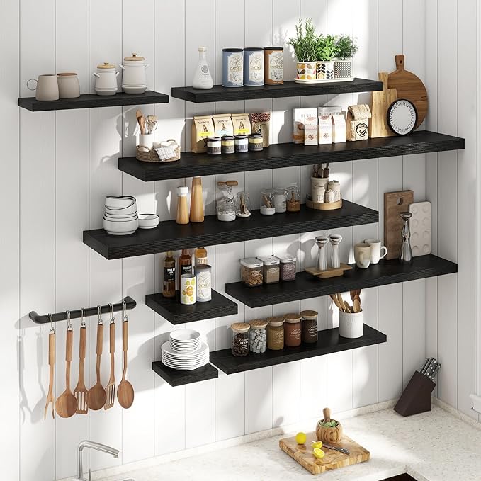 Floating Shelves for Wall with Invisible Brackets, Wall Mounted Engineered Wood Shelves with Wood Grain for Living Room, Bedroom, Bathroom, Kitchen Decor and Storage, Oak, 71"L Set of 2, Black