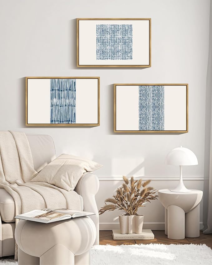PHOPAGO 16x24in Large Blue Abstract Framed Wall Art Modern Boho Neutral Line Wall Decor Minimalist Geometric Artwork Bedroom Living Room Natural Framed