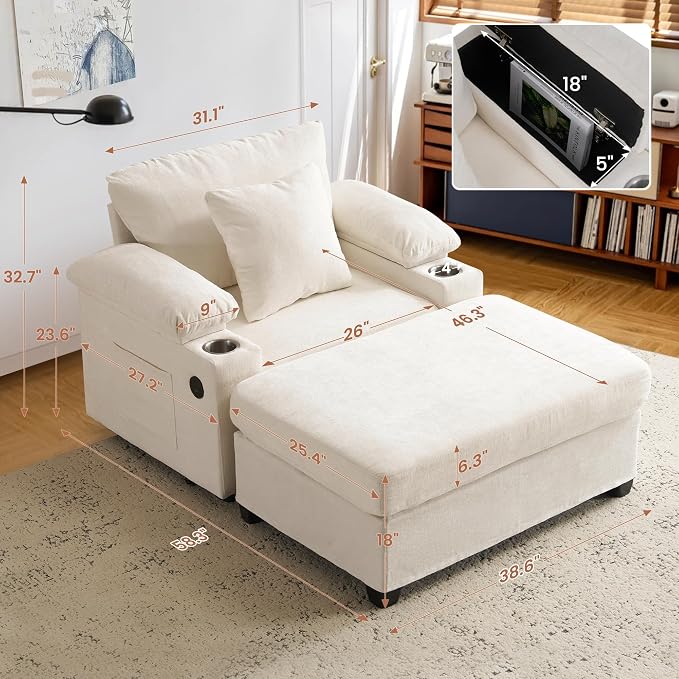 SUNWAVE 58" Chaise Lounge Chair with Ottoman, Chenille Fabric Sofa Bed, Accent Chair with Cupholders & USB Charging Ports for Living Room, Bedroom, Apartment (1 Chaise Ivory)