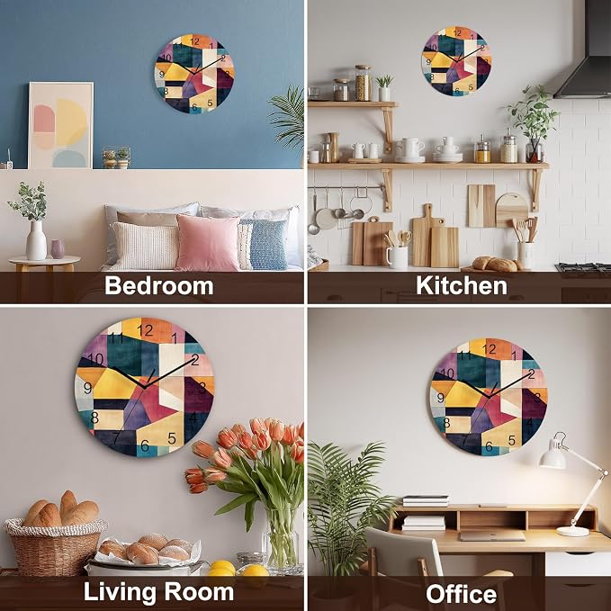 Impressionist Style Wall Clock Battery Operated Non-Ticking 12" Round Wood Clocks, Modern Colored Color Block Kitchen Wall Clock for School Bathroom Living Room Home Office Wall Decor