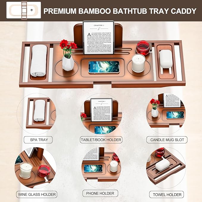 Premium Bamboo Bathtub Tray Caddy - Bath Tub Tray Table for Bathtub - Bath Caddy Tray for Bathtub, Expandable Size, Fits Most Bath Tubs