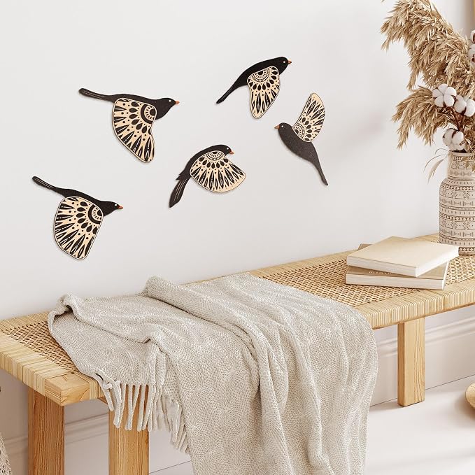 flangairy Bird Wall Decor, 5 Pcs Wooden Birds Wall Art, Rustic Folk Art for Home Office Kitchen Bathroom Living Room Bedroom Boho Decor(Black)