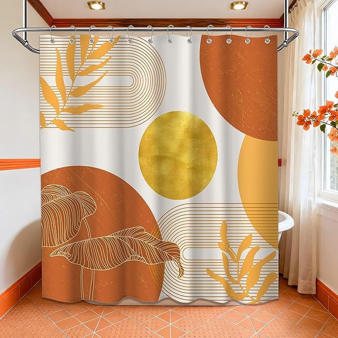 Orange and Gold Shower Curtain Burnt Orange White Shower Curtains for Bathroom Decor Boho Mid Century Bath Curtain Set, Waterproof Fabric with Hooks 70 x 84Inch