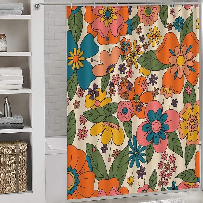 Hippie Floral Shower Curtain, Retro 70s Vintage Orange Daisy Groovy Cute Flower Aesthetic Boho Funky Trippy Colorful Waterproof Fabric Bath Shower Curtain Set with Hooks, 72"x78" Inch