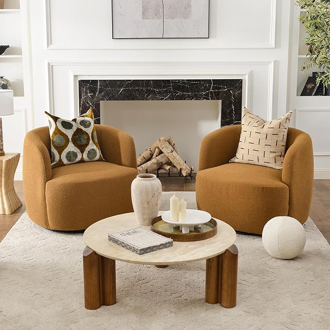KINWELL 34" Wide Boucle Swivel Barrel Chairs Set of 2, No Assembly Round Upholstered Armchairs Accent Chairs Single Sofa Chair with Toss Pillow for Living Room and Bedroom, Brown