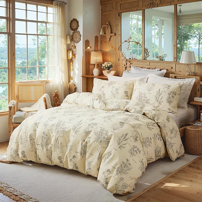 Cozeline 100% Cotton Duvet Cover Queen Size, Vintage Design with Luxrious Black Sketched Flowers & Leaves on Cream, 3 Pcs Breathable and Soft Duvet Cover for All Season