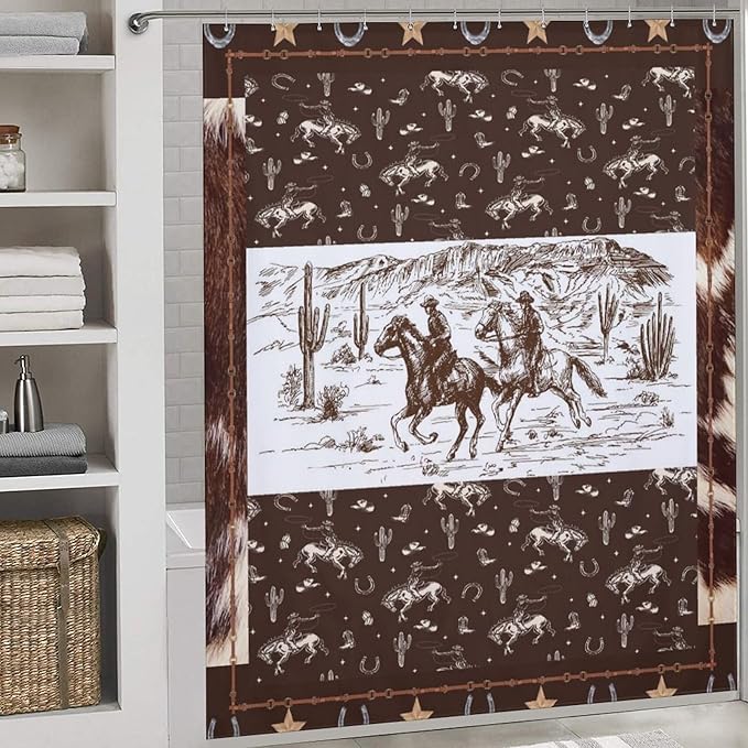 Western Horse Cowboy Shower Curtain for Boys Men Kids Teens Rustic Country Wild West Waterproof Shower Curtains for Bathroom Decor 12 Pack Hooks 72x72in (183x183cm)