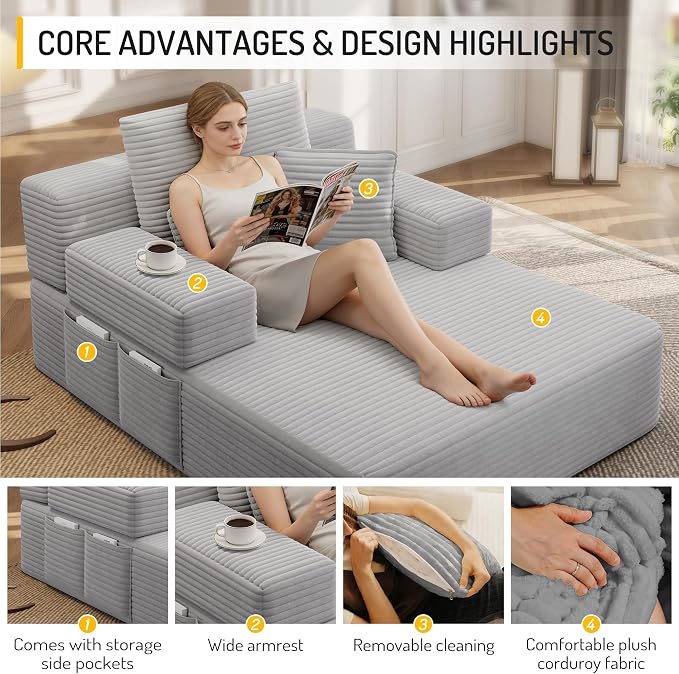 48.5" Oversized Chaise Lounge Chair Indoor, 3-in-1 Convertible Sleeper Sofa Bed, Plush Corduroy Boneless Chaise with 3 Pillows & Side Pockets, Adjustable Back/Armrest for Living Room - Light Grey