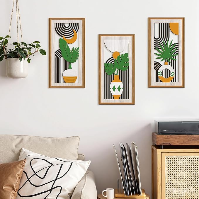 Celestdeco 3 Pcs Boho Botanical Wall Decor,Botanical Modern Wood Wall Art Bohemian Plants Hanging Decor Abstract Leaves Minimalist Wooden Art for Living Room Bedroom Office 7.9 x15.8 Inch